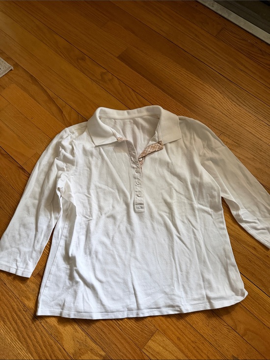 Talbots Tops - Talbots White Long-Sleeve Polo Blouse with Plaid Trim